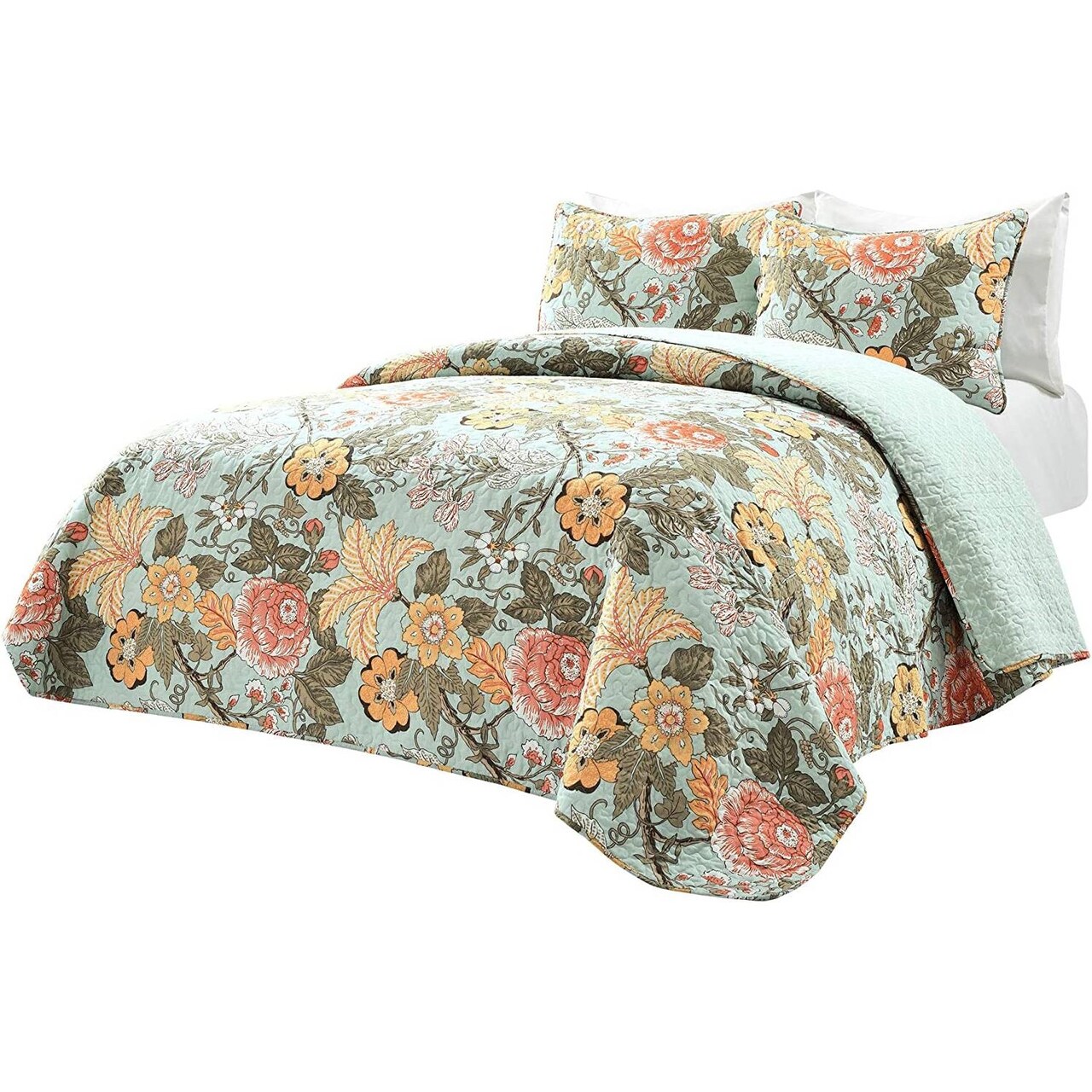 3 Piece Cotton Quilt Set Teal Floral Reversible Bedspread for Cozy Bedroom and Guest Room